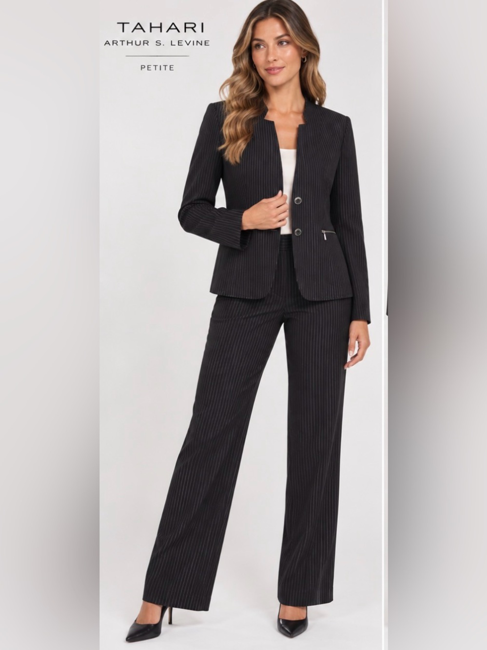 Tahari Arthur S. Levine Petite 6P Black Pinstripe 2 Piece Pant Suit